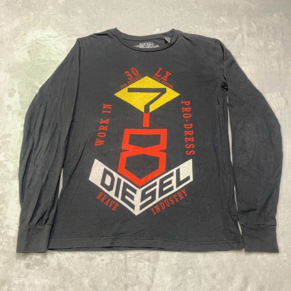 DIESEL Industry T-Shirt Men's Small‎ Gray Long Sleeve Cotton Logo Spellout Y2K